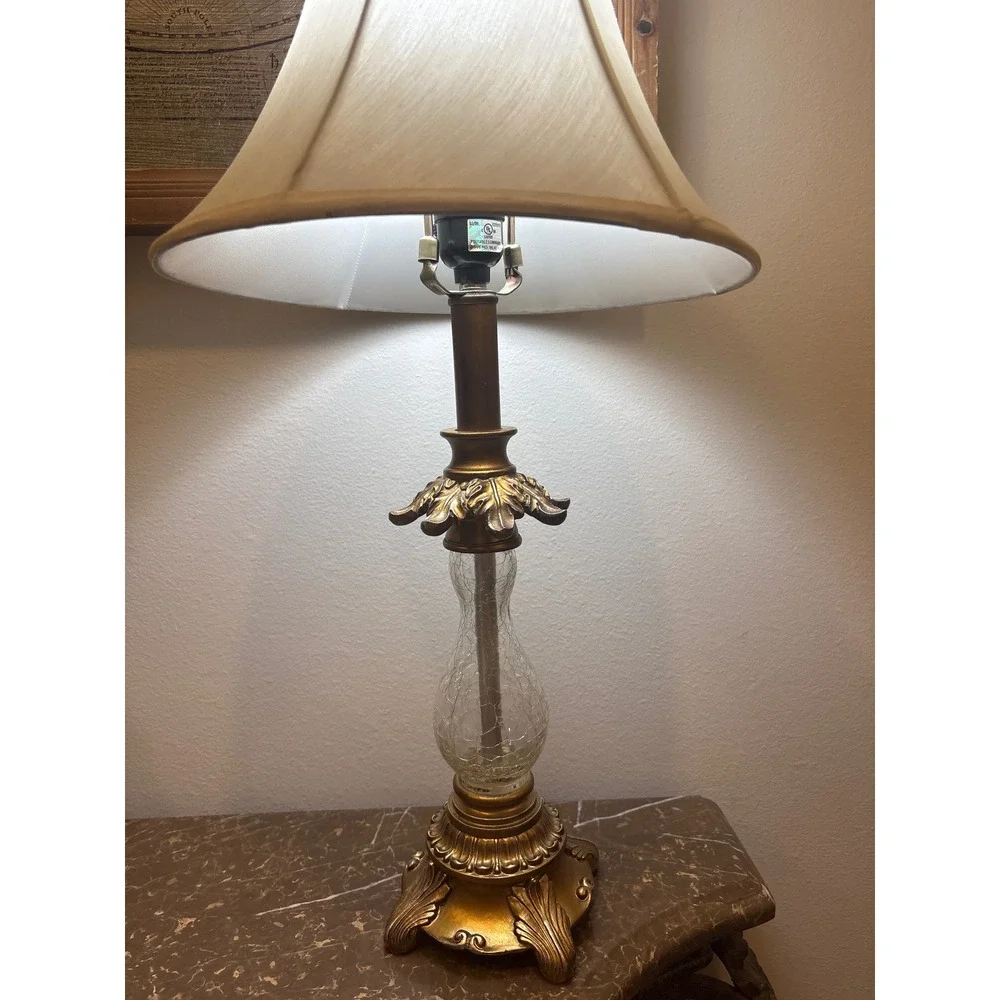 Vintage Gold Ornate Table Lamp with Crackle Glass Urn Body